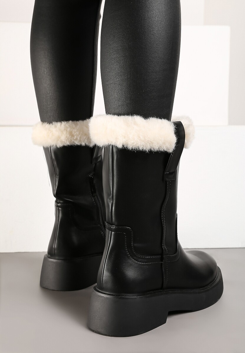 Czarne Botki na Płaskiej Podeszwie z Futerkiem na Cholewce Izafrina