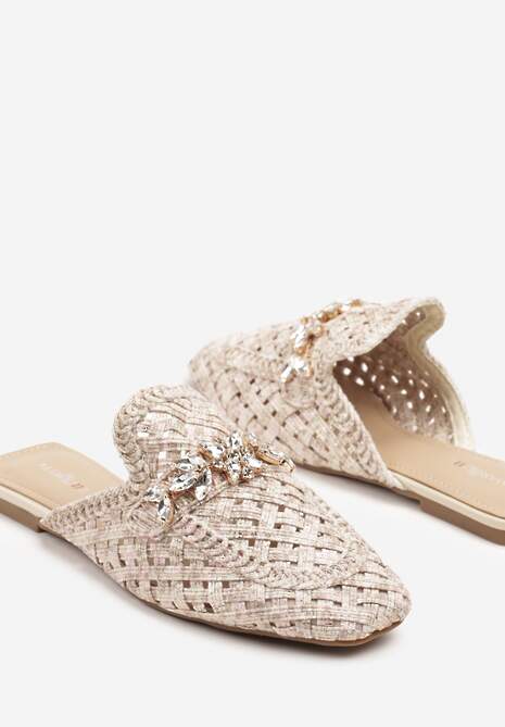 Beżowe Klapki Mule Ozdobione Cyrkoniami i Metaliczną Nicią Tatosenia