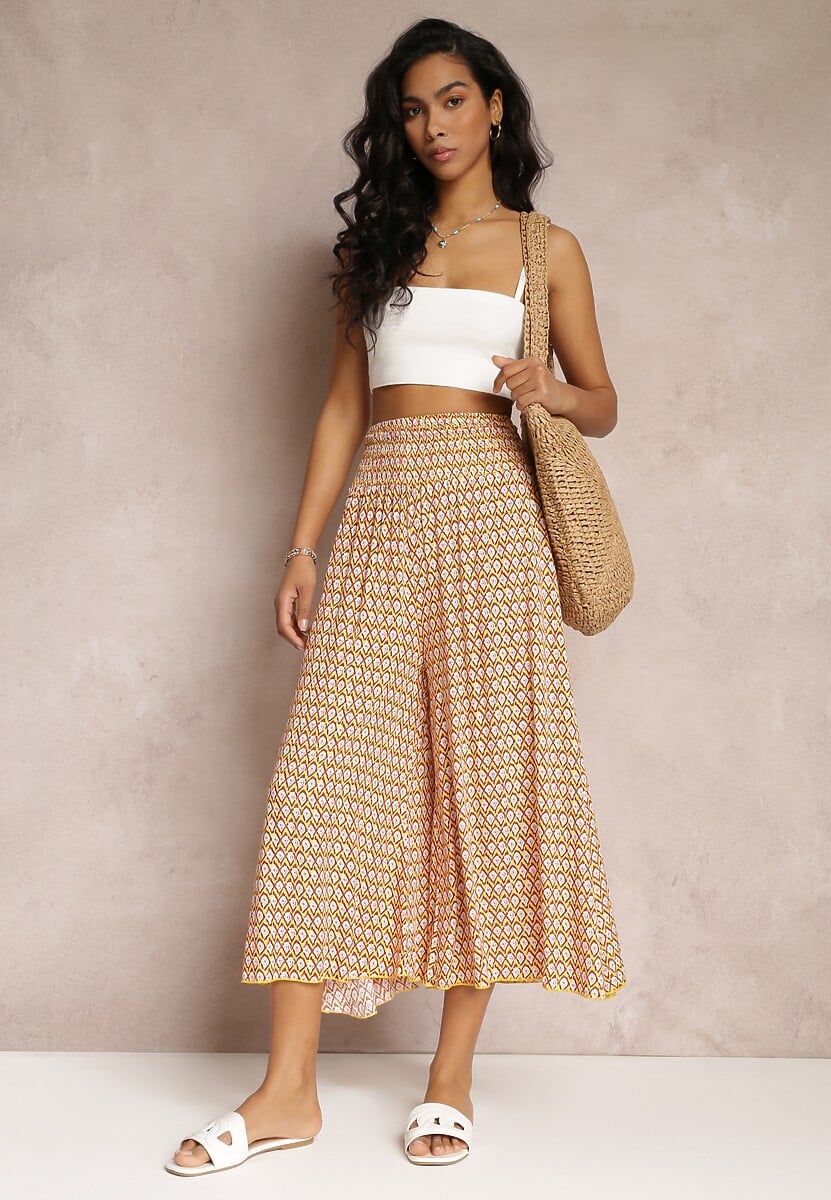 Żółto-Pomarańczowe Szerokie Spodnie z Wiskozy z Marszczoną Gumką w Talii Mellody