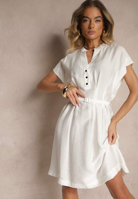 Biała Rozkloszowana Sukienka z Wiskozy z Paskiem Zapinana na Napy Seporine