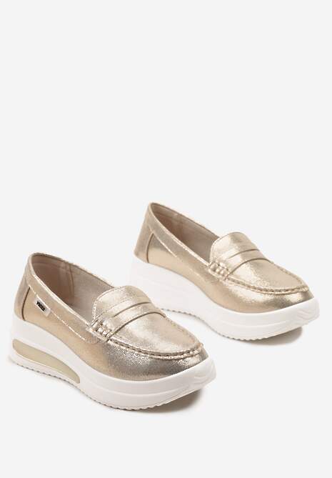 Złote Mokasyny z Ekozamszu na Platformie Ozdobione Paseczkiem Adrancia