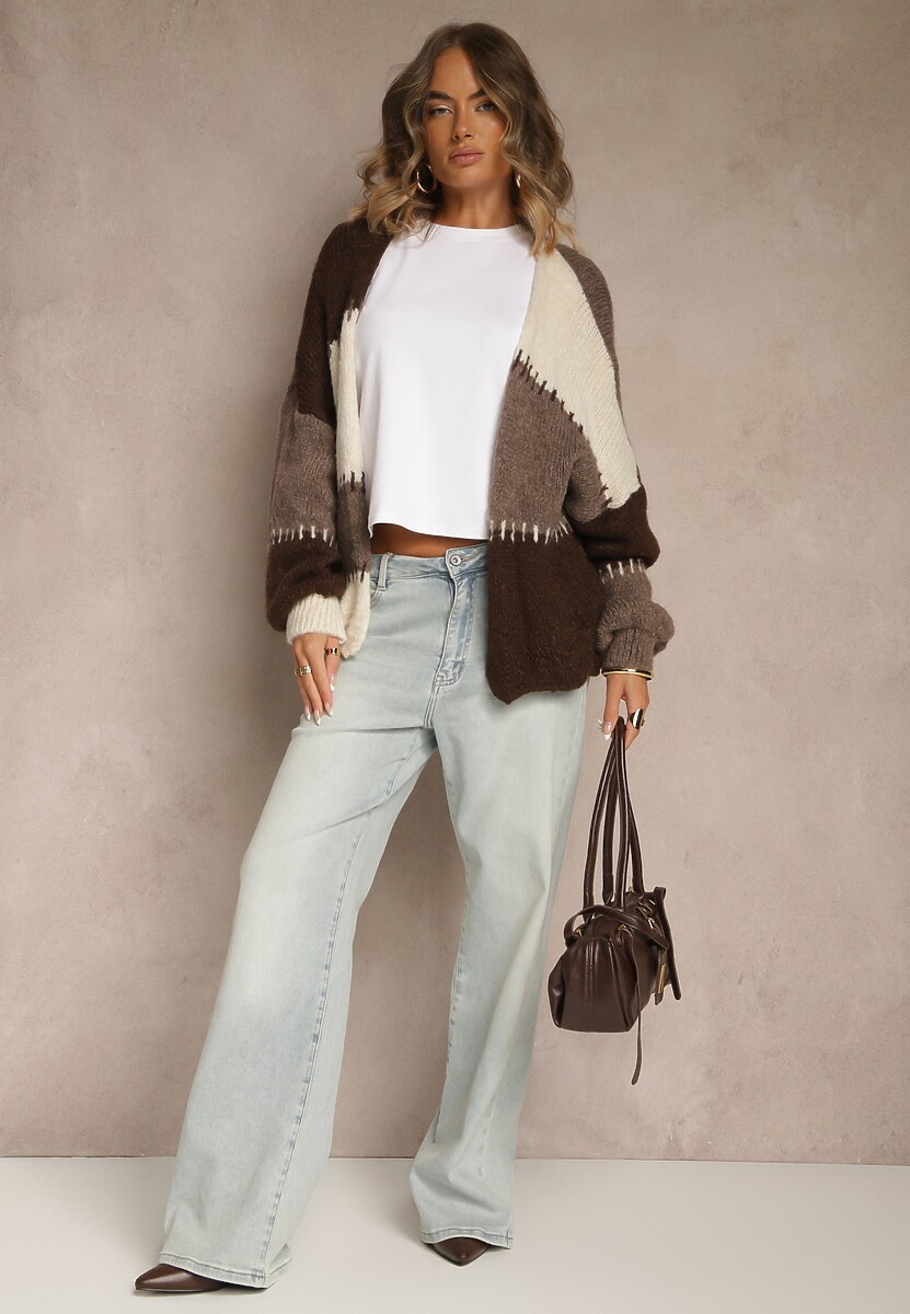 Beżowy Kardigan z Domieszką Wełny i Wiskozy w Patchworkowym Stylu Fesolinne