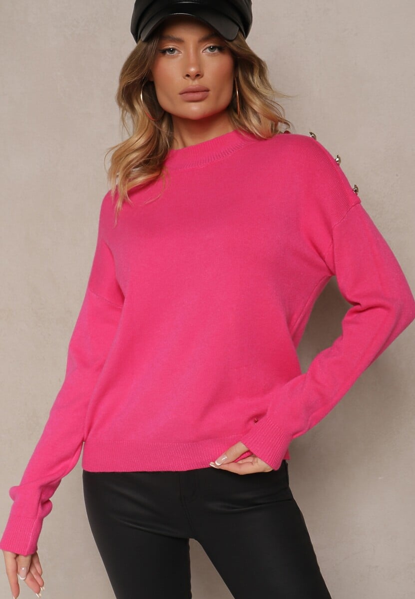 Fuksjowy Sweter z Półgolfem Wiskozą i Modalem Ozdobiona Guzikami Emmitana