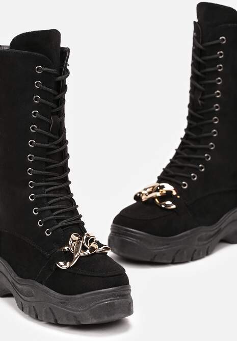 Czarne Sznurowane Botki na Platformie z Ozdobnym Łańcuchem Duova