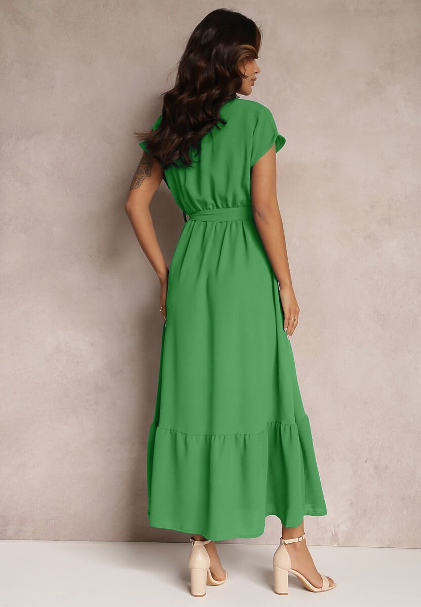 Zielona Kopertowa Sukienka z Gumką w Talii i Wiązaniem Mylelse