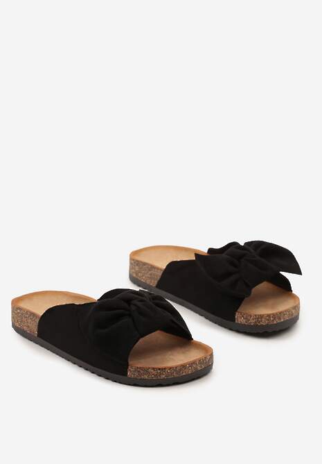 Czarne Klapki z Imitacji Zamszu z Kokardką i Podeszwą z Korkową Wstawką Riopella
