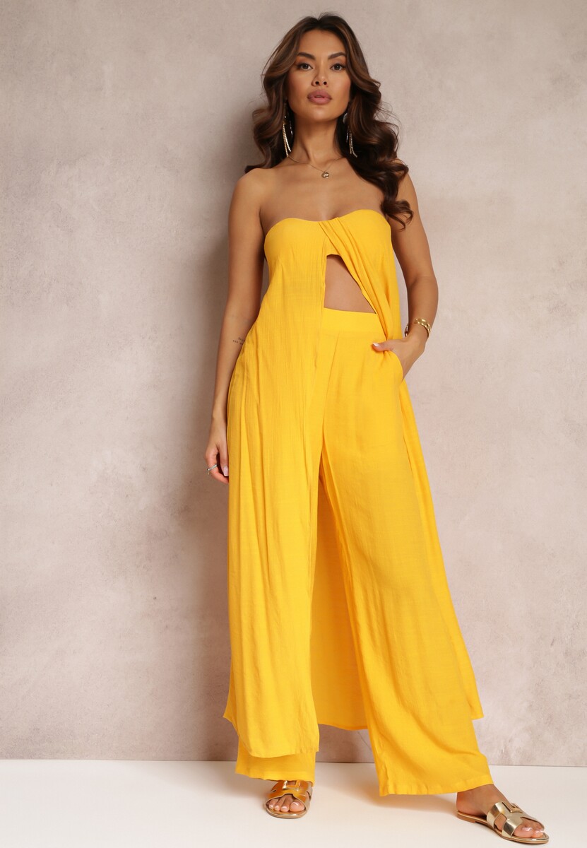 Żółty 2-częściowy Komplet Długi Top i Spodnie z Gumką w Pasie i Szerokimi Nogawkami Bincina