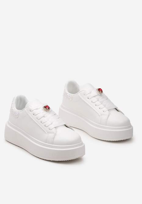 Białe Sneakersy z Brokatową Wstawką i Cyrkonią przy Sznurówkach Wineta