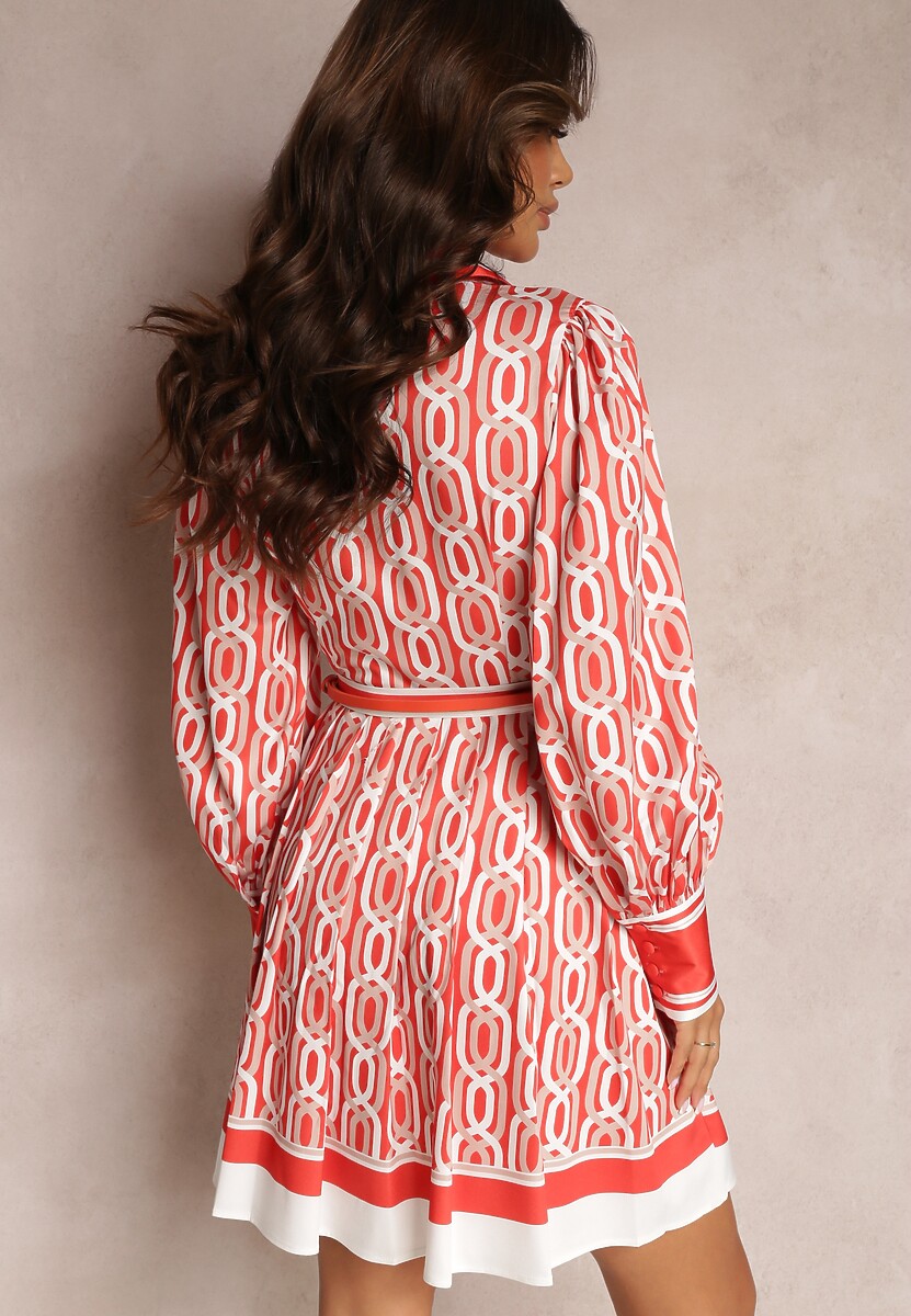 Pomarańczowa Koszulowa Sukienka Mini o Rozkloszowanym Kroju z Paskiem Launge