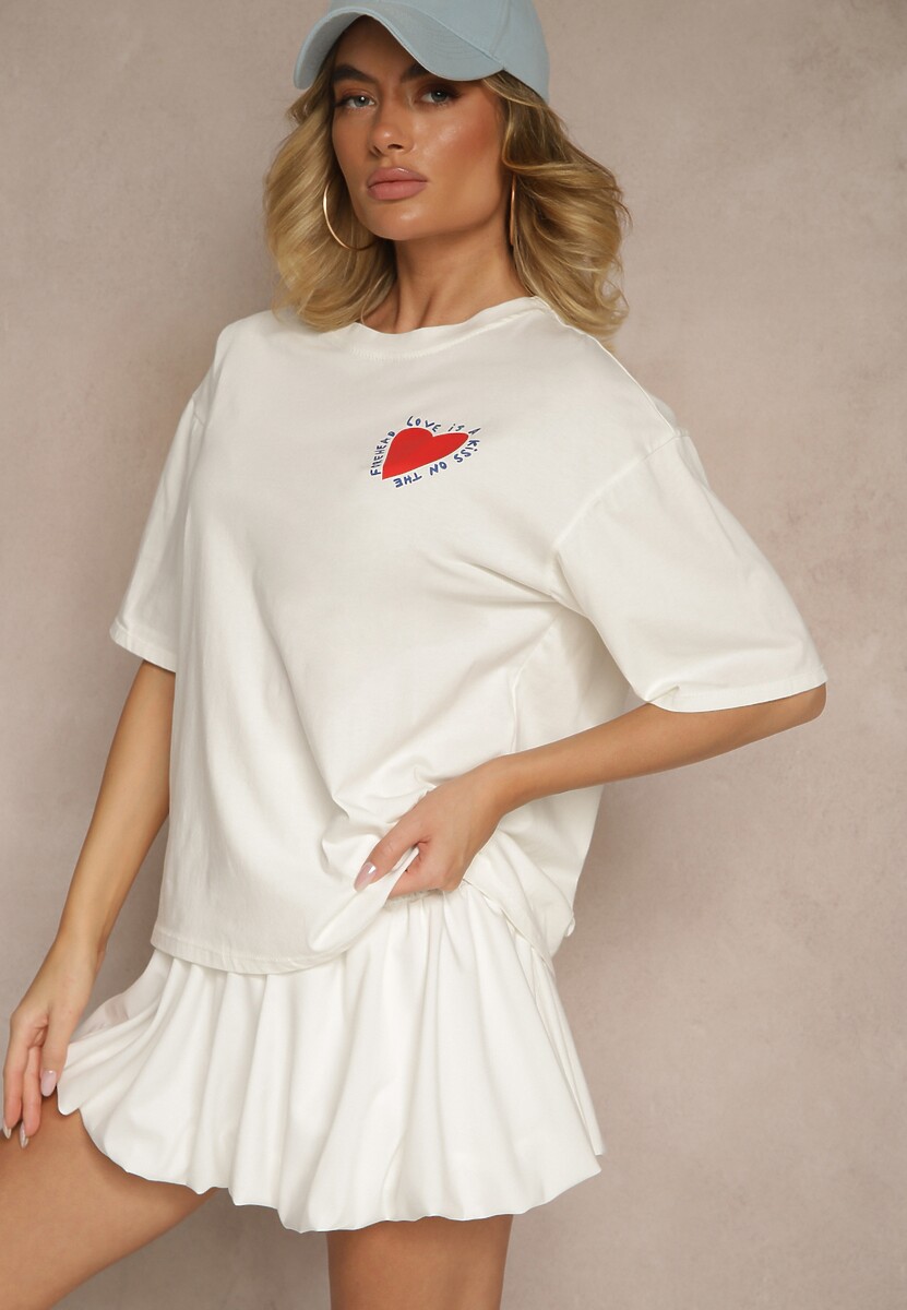 Jasnobeżowy T-shirt z Bawełny Ozdobiony Sercem Ranira