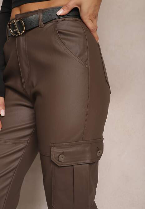 Brązowe Spodnie Cargo z Ekoskóry ze Ściągaczem Selani