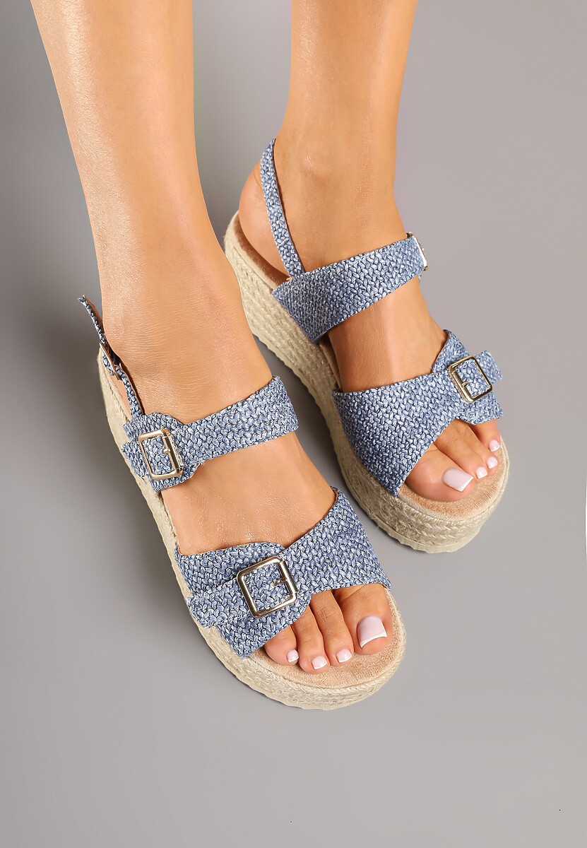 Niebieskie Sandały na Koturnie z Plecionką i Klamrami Saroti