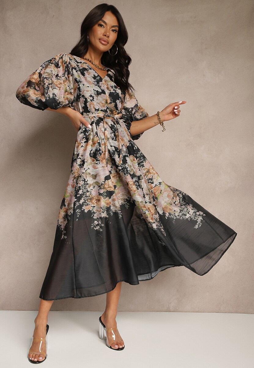 Czarna Rozkloszowana Sukienka z Wiskozy w Kwiatowy Wzór z Wiązaniem Redilina