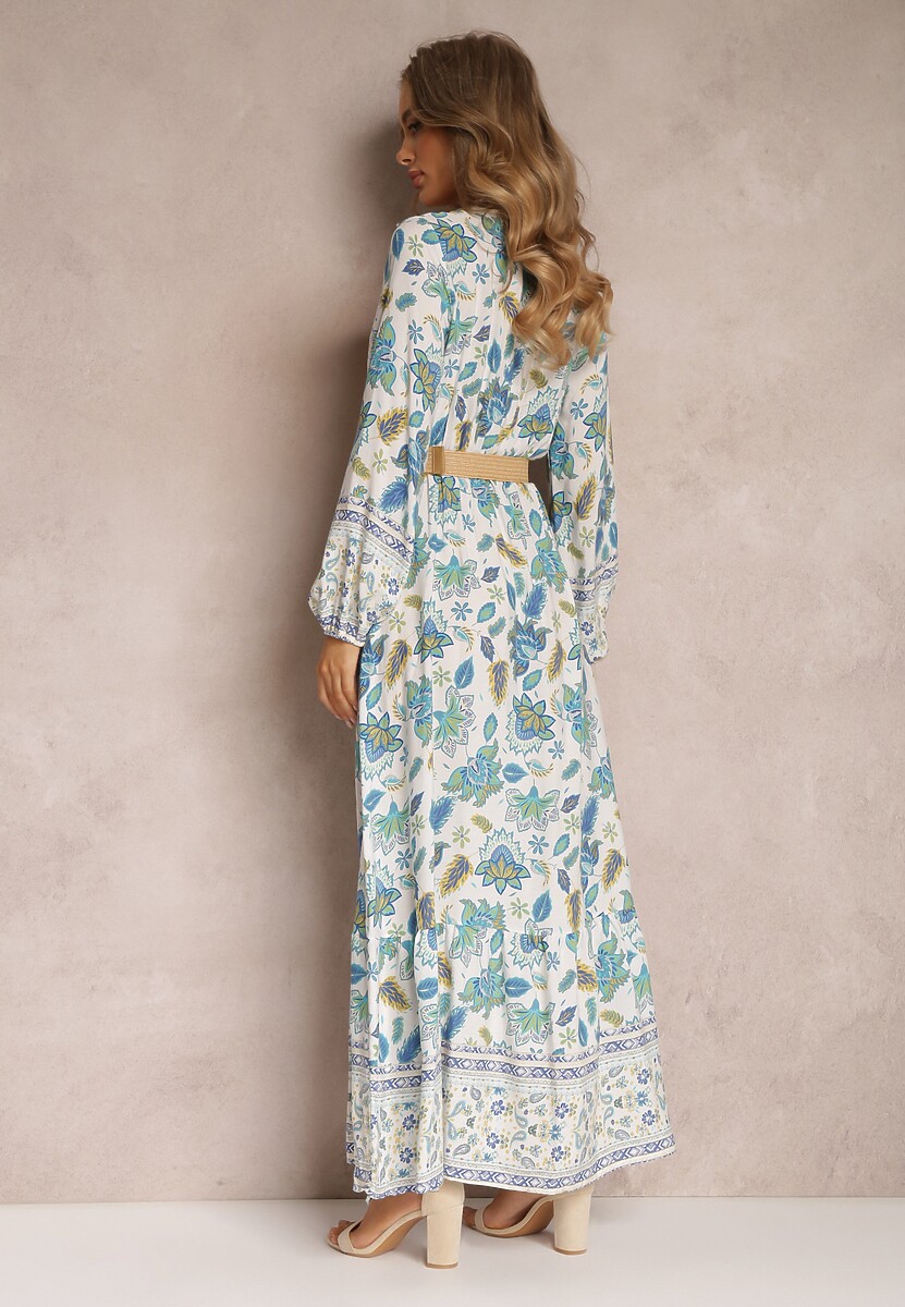 Niebiesko-Biała Sukienka Rozkloszowana z Paskiem Verintius