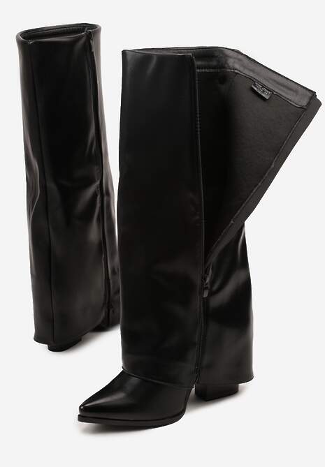 Czarne Kozaki Kowbojki na Stożkowym Obcasie Ozdobione Wywiniętą Cholewką Nalunisa