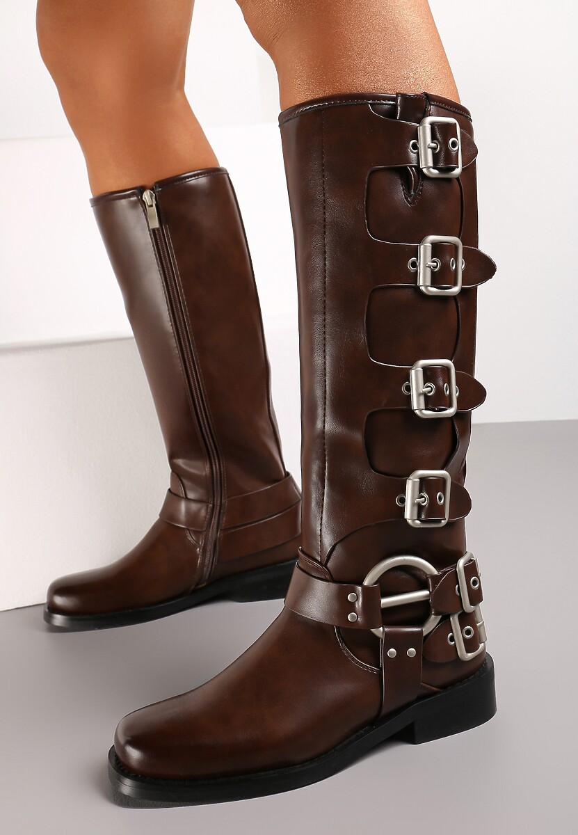 Brązowe Kozaki Biker z Ozdobnymi Klamerkami i Kwadratowym Noskiem Vivao