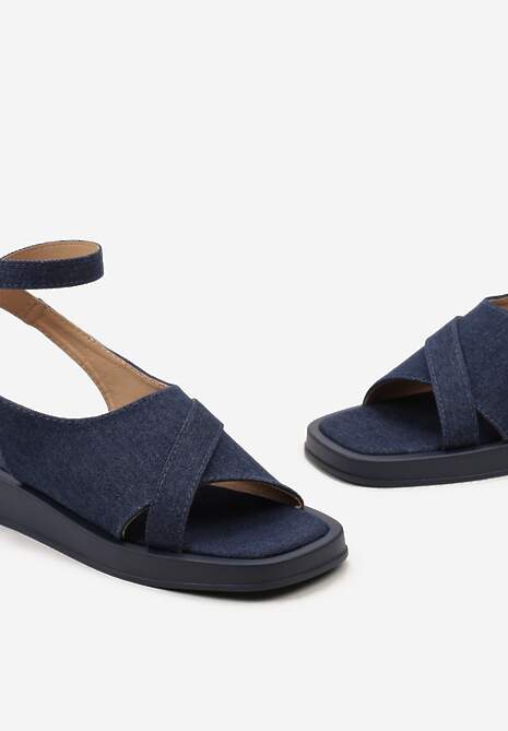 Granatowe Sandały Na Płaskiej Podeszwie z Szerokim Zapinanym Paskiem Imarra