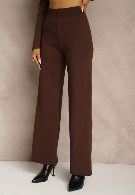 Brązowy Dzianinowy Komplet Szerokie Spodnie z Wiskozą i Kopertowy Sweter Enssa