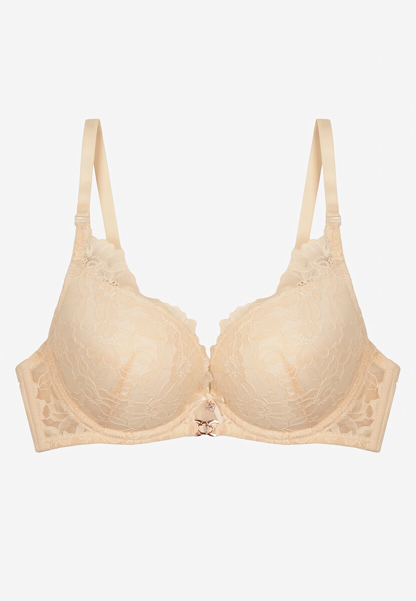 Jasnobeżowy Koronkowy Biustonosz Ozdobiony Metaliczną Aplikacją Mirzedi