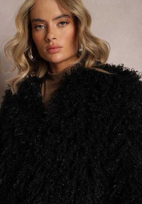 Czarna Futrzana Kurtka na Haftki Arivasa