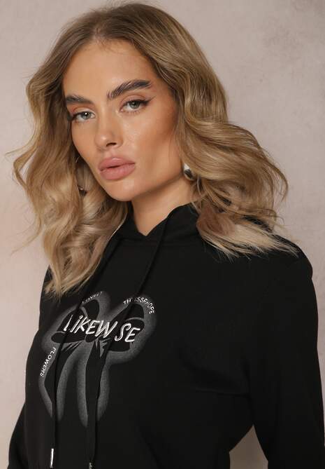 Czarna Bluza Wykończona Polarem z Nadrukiem i Kapturem Nimba