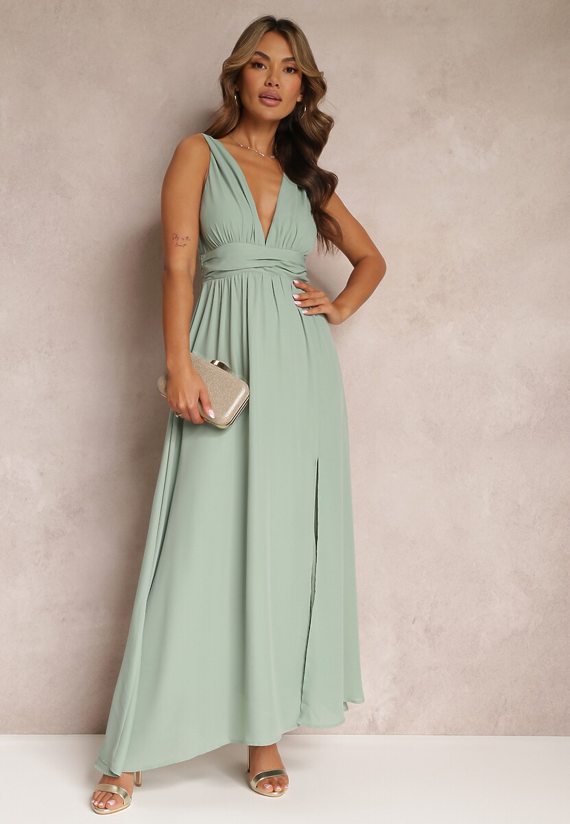 Miętowa Rozkloszowana Sukienka Maxi na Ramiączkach z Rozcięciem Ernames
