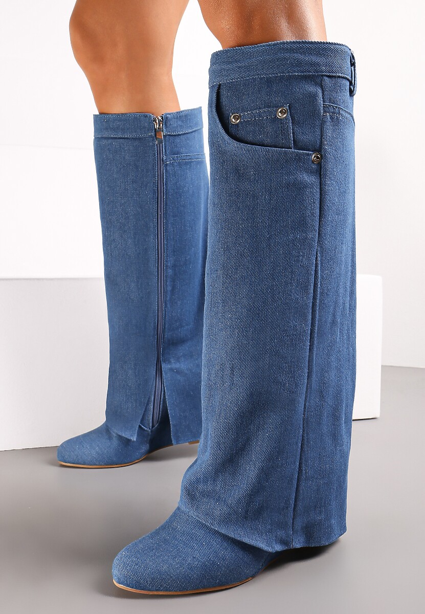 Beżowe Kozaki z Wywiniętą Cholewką na Koturnie Maranele