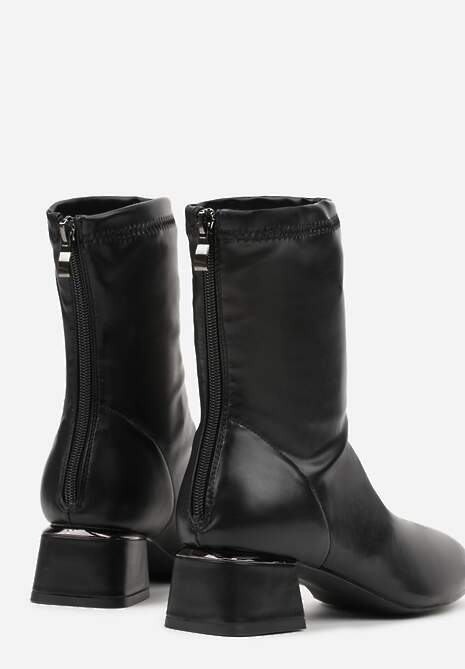 Czarne Eleganckie Botki VICES Skarpetkowe na Klocku z Metalicznym Zdobieniem Rivite