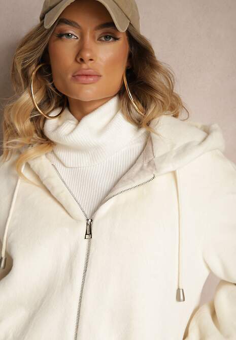 Jasnobeżowa Kurtka Futrzana z Kapturem Ozdobiona Ściągaczami i Sznurkami Tirirra