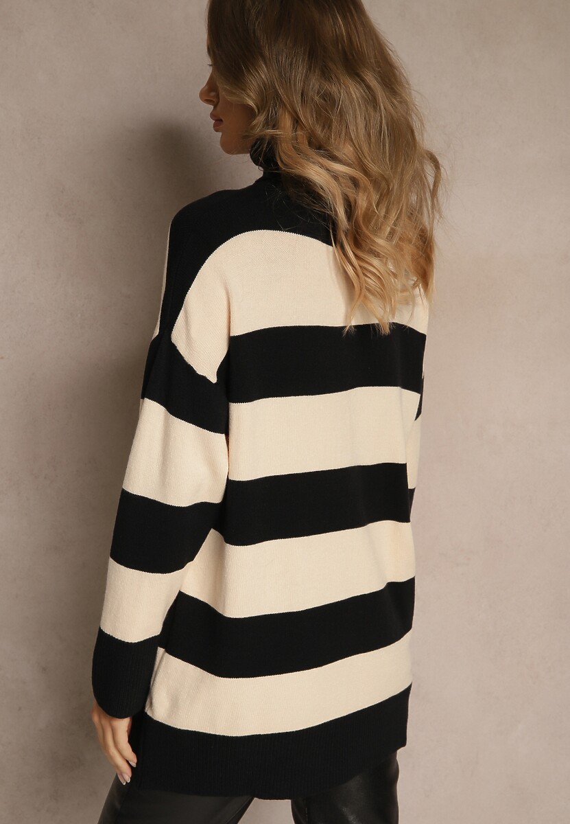 Czarno-Beżowy Golf Ozdobiony Paskami Raluna