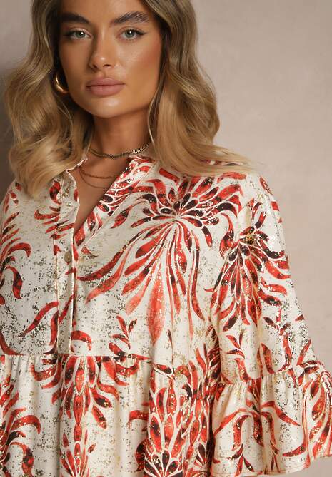 Czerwona Sukienka z Lnem o Rozkloszowanym Kroju Zdobiona Metalicznym Nadrukiem Filinwena