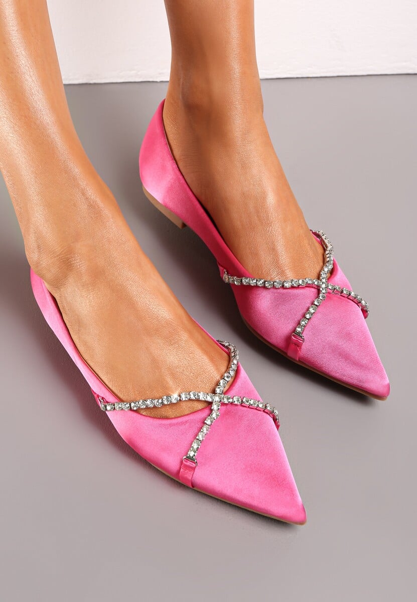 Srebrne Balerinki ze Szpiczastym Noskiem  i Ozdobnym Paskiem z Cyrkoniami Tinara