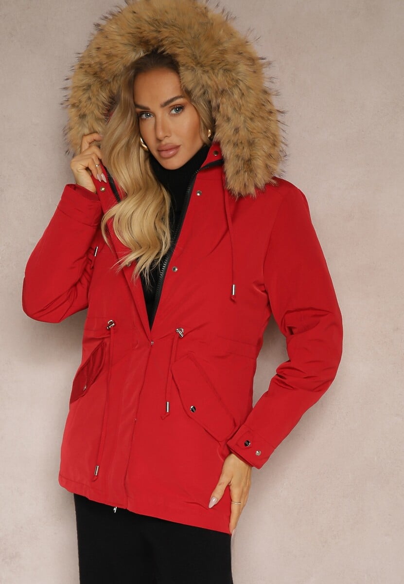 Bordowa Kurtka Parka Mocno Ocieplana z Futerkiem przy Kapturze z Możliwością Odpięcia Sialthira