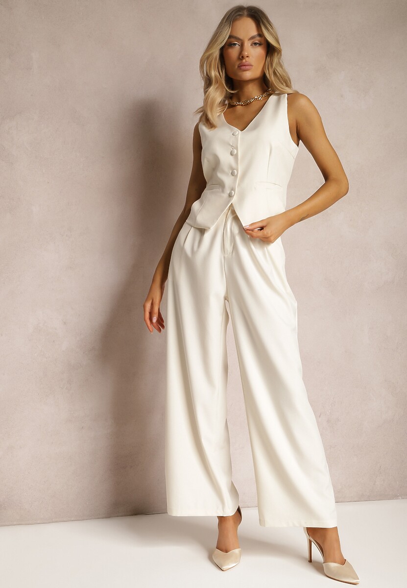 Jasnobeżowy Komplet Garniturowy Kamizelka na Guziki i Szerokie Spodnie Palazzo Pioral