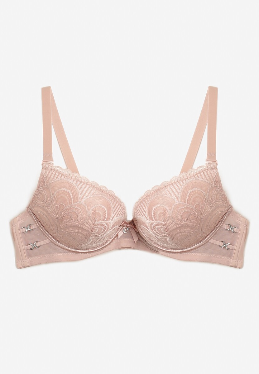 Różowy Biustonosz z Koronki Typu Push-Up z Usztywnionymi Miseczkami i Zdobieniami Ellalli
