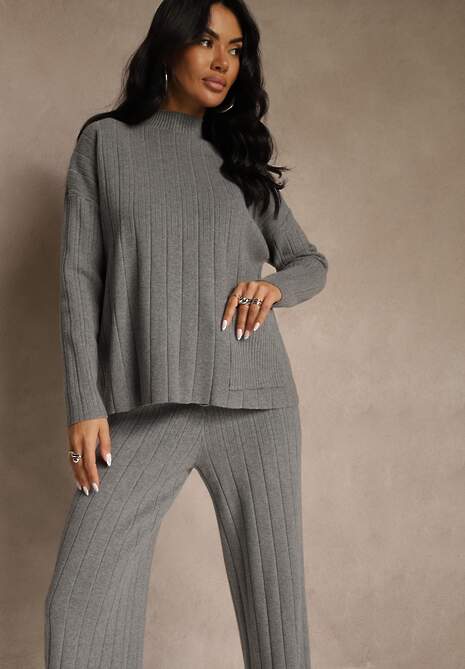 Szary Komplet Dzianinowy Spodnie o Szerokim Kroju i Sweter Półgolf Datusa