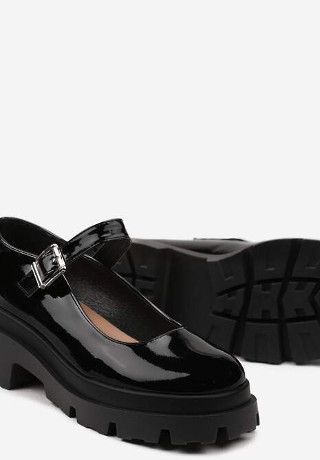 Czarne Półbuty Lakierowane na Platformie i Słupku Zapinane na Sprzączkę Anedela