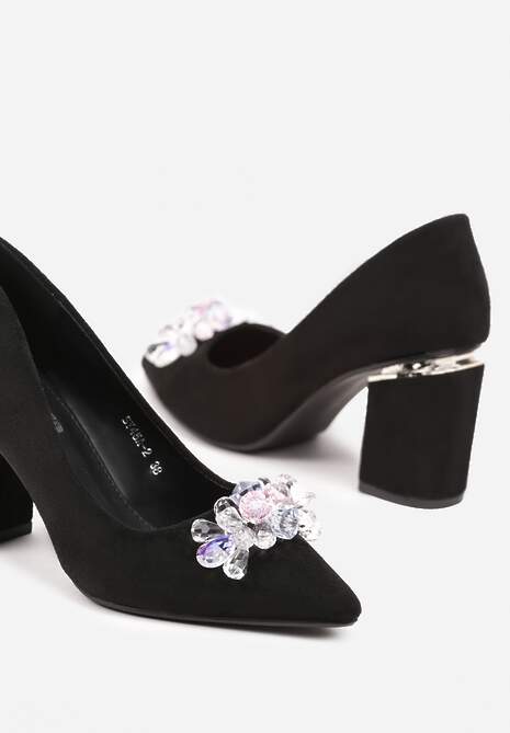 Czarno-Srebrne Czółenka Ozdobione Kryształkami na Słupku ze Szpiczastym Noskiem Isanile