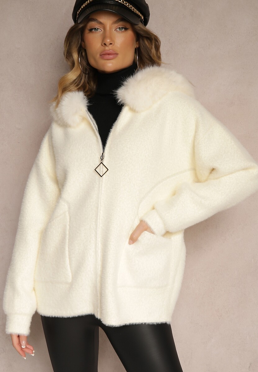 Jasnobeżowa Bluza z Wełną z Kapturem i Kieszeniami Ozdobiona Futerkiem Siliti