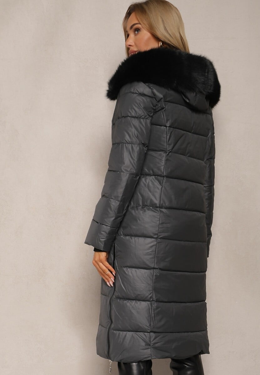 Szara Pikowana Kurtka o Długim Kroju z Odpinanym Kołnierzem z Futerka Neathora