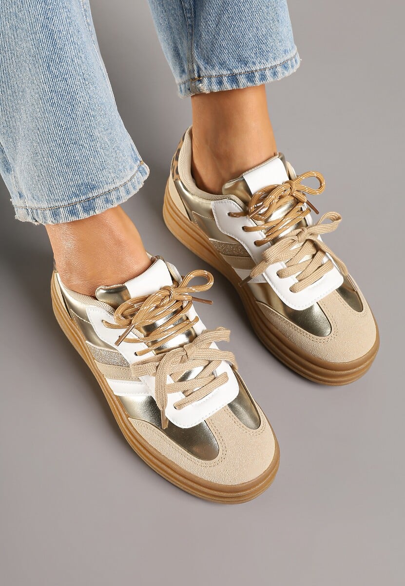 Złote Sneakersy w Stylu Tenisówek Ozdobione Brokatem Teladriena