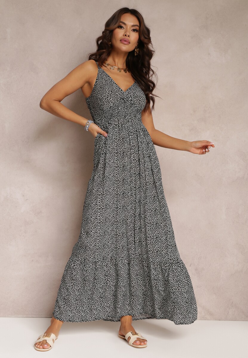 Czarna Sukienka Rozkloszowana z Gumką w Pasie Konasia