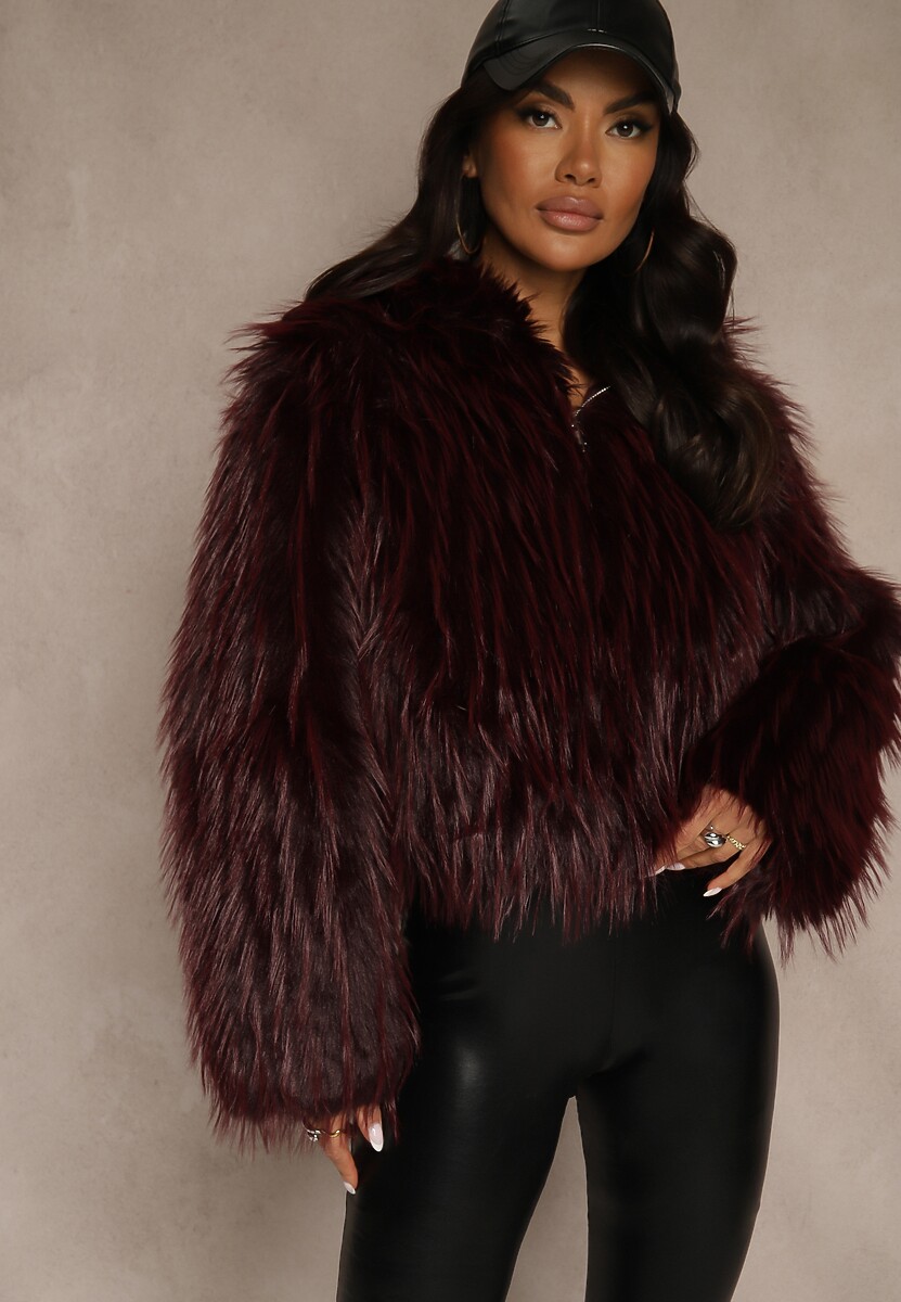 Brązowa Kurtka Futerko z Kapturem i Zapięciem na Suwak Zetora