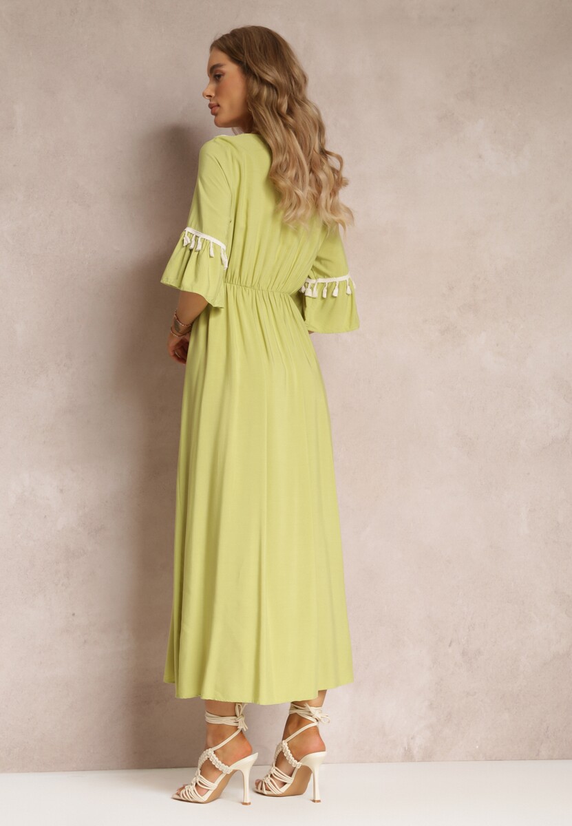 Jasnozielona Sukienka Maxi z Gumką w Talii z Ozdobnymi Chwostami z Wiskozy Zisel
