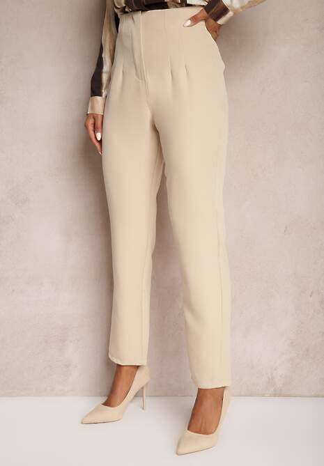 Jasnobeżowe Spodnie Cygaretki High Waist Molfi