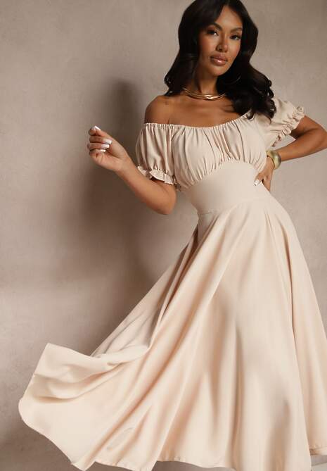 Beżowa Sukienka Hiszpanka z Bawełną Ozdobiona Bufkami Lunoria