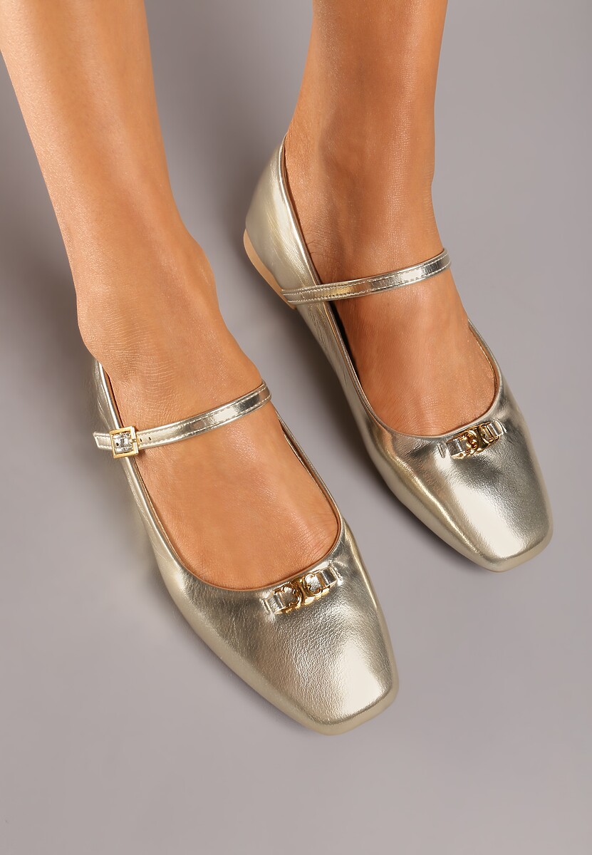 Srebrne Balerinki na Płaskiej Podeszwie z Paskiem i Metaliczną Aplikacją 3D Fenaria