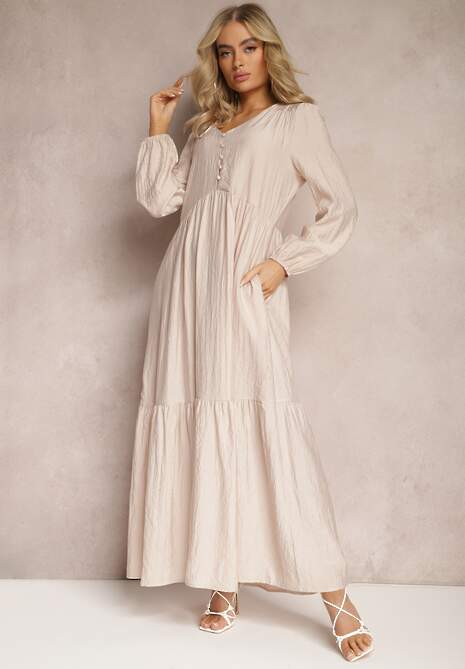 Beżowa Rozkloszowana Sukienka Pudełkowa Maxi z Ozdobnymi Guzikami Nervatti