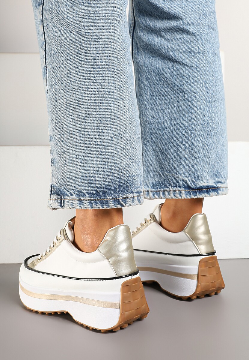 Biało-Złote Sneakersy na Tłoczonej Platformie w Streetwearowym Stylu Hanerith