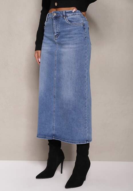 Niebieska Spódnica High Waist Ołówkowa z Przejaśnieniami na Jeansowym Materiale Carolea